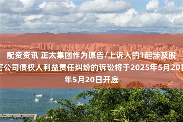 配资资讯 正太集团作为原告/上诉人的1起涉及股东损害公司债权人利益责任纠纷的诉讼将于2025年5月20日开庭
